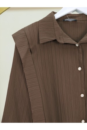 Pearl Buttoned Shoulder and Waist Tied Crinkle Shirt -Brown