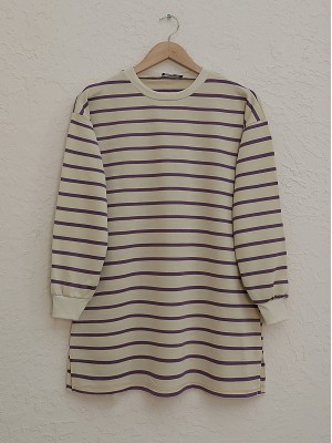 Striped Ribbed Sleeves Open Skirt Wortex Sweat -Lilac