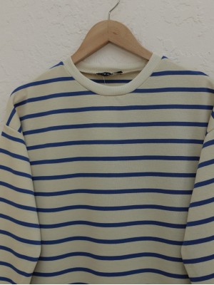 Striped Ribbed Sleeves Open Skirt Wortex Sweat -Saxe 