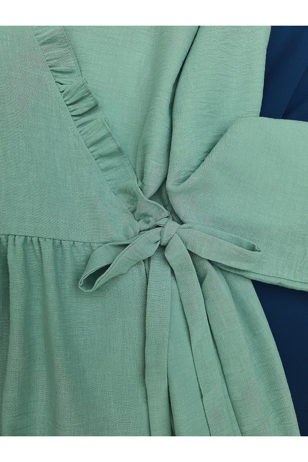 Linen Kimono with Side Double Laced Ruffle Collar -Mint Color