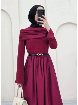 Eteği Poplin Üstü Sendy İki Parçalı Pileli Elbise -Bordo
