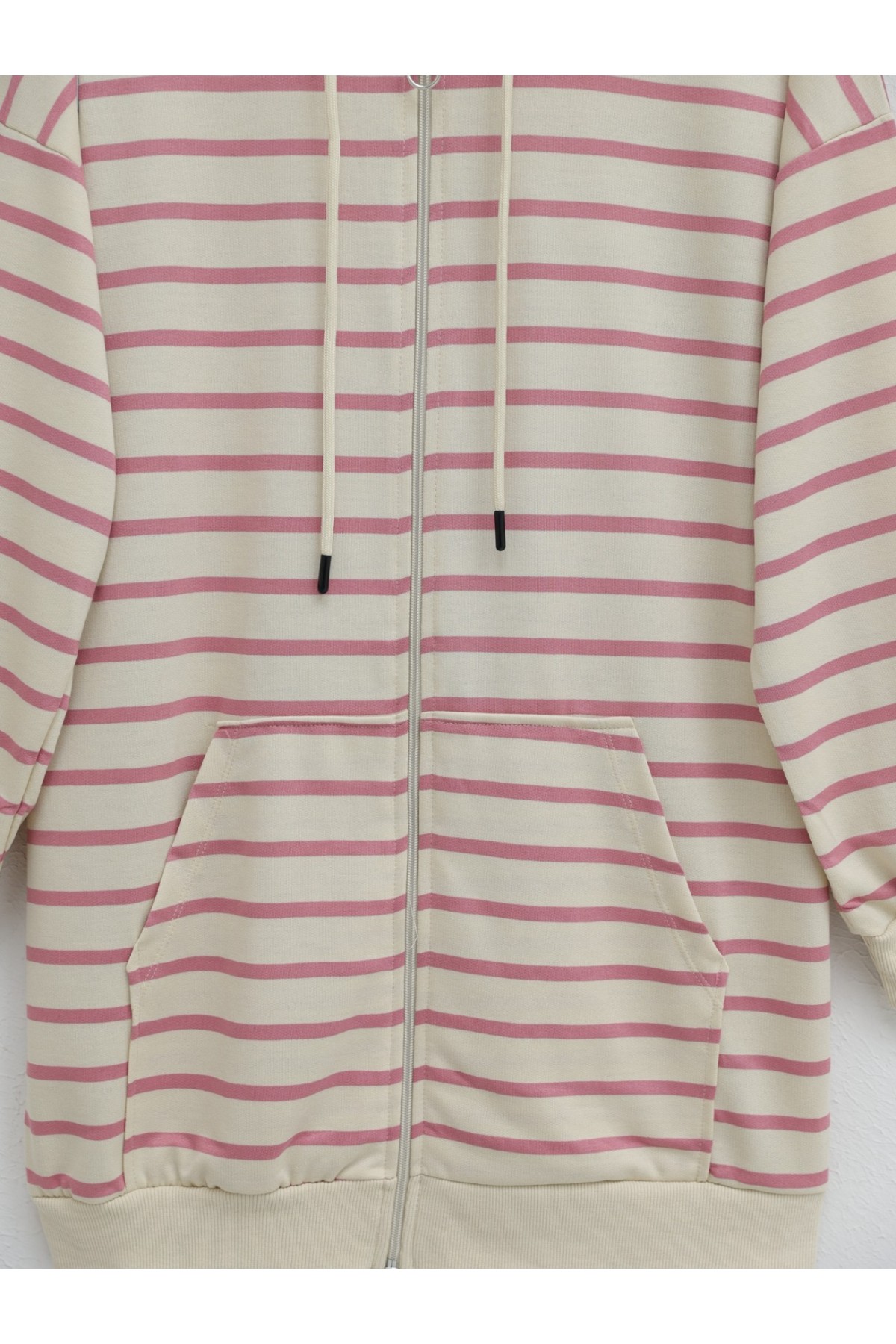 Fermuarlı Kapşonlu Çizgili İki İp Sweat -Pembe