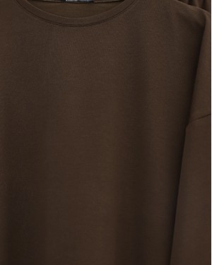 Two-Piece Combed Cotton Suit with a Long Slit at the Back and Skirt -Brown