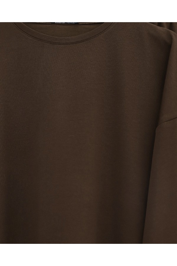 Two-Piece Combed Cotton Suit with a Long Slit at the Back and Skirt -Brown