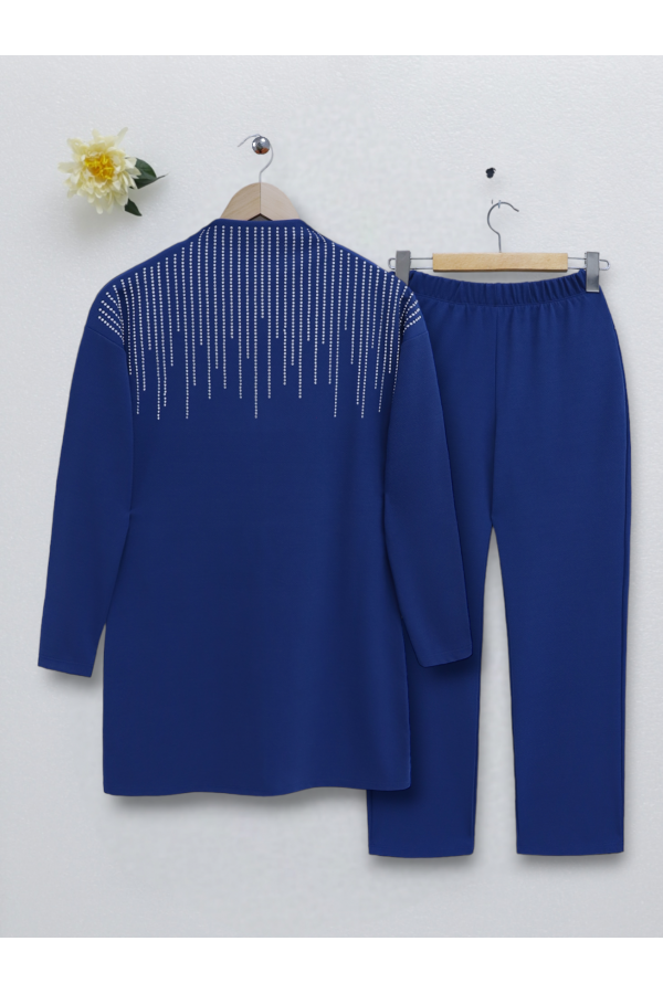 Judge Collar Front Stone Detailed Trousers Suit -İndigo
