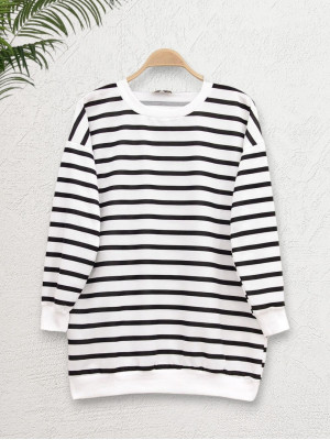 Yan Çizgili Bisiklet Yaka Sweat -Siyah