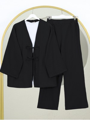 Önü Çift Bağcıklı Pantolonlu Krınkıl Takım  -Siyah