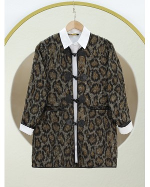 Deri Detaylı Leopar Desen Önü Düğmeli Ceket  -Taba
