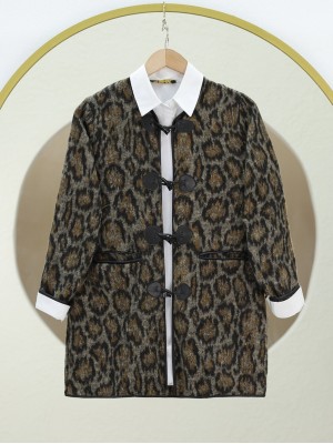 Deri Detaylı Leopar Desen Önü Düğmeli Ceket  -Taba