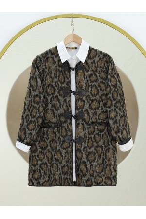 Leather Detailed Leopard Pattern Front Buttoned Jacket -Snuff