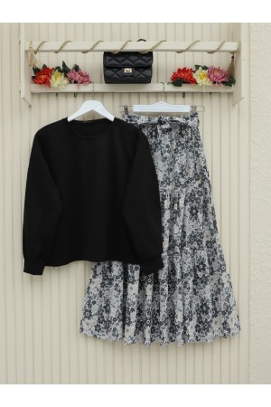 Floral Patterned Belted Two Piece Suit -Black