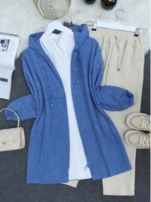 Cep Detaylı Keten Kap -İndigo