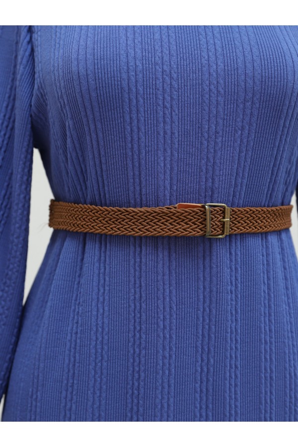 Turtleneck Belted Lycra Dress -İndigo