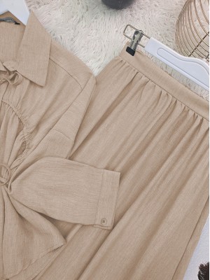 Yakası Ve Beli Bağlamalı Etekli Takım  -Vizon