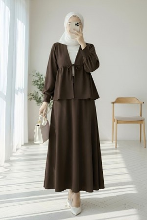 Beli Bağlamalı Etekli Oysho Takım -K. Kahve