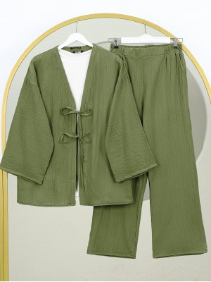 Önü Çift Bağcıklı Pantolonlu Krınkıl Takım    -Haki