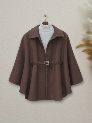 Omuzu Düğmeli Beli Kemerli Kaşe Panço -Kahve