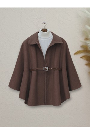 Shoulder Buttoned Waist Belted Cashmere Poncho -Brown