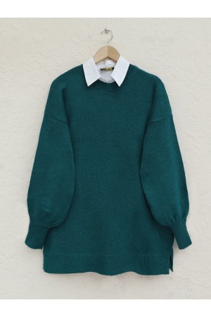 Round Neck Balloon Sleeve Casual Knitted Sweater -Emerald