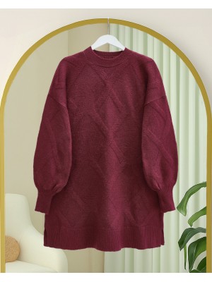 Baklava Desenli Yumoş Triko Tunik -Bordo