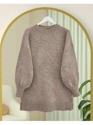 Yuvarlak Yaka Baklava Desen Yırtmaçlı Triko Kazak -Açık Vizon