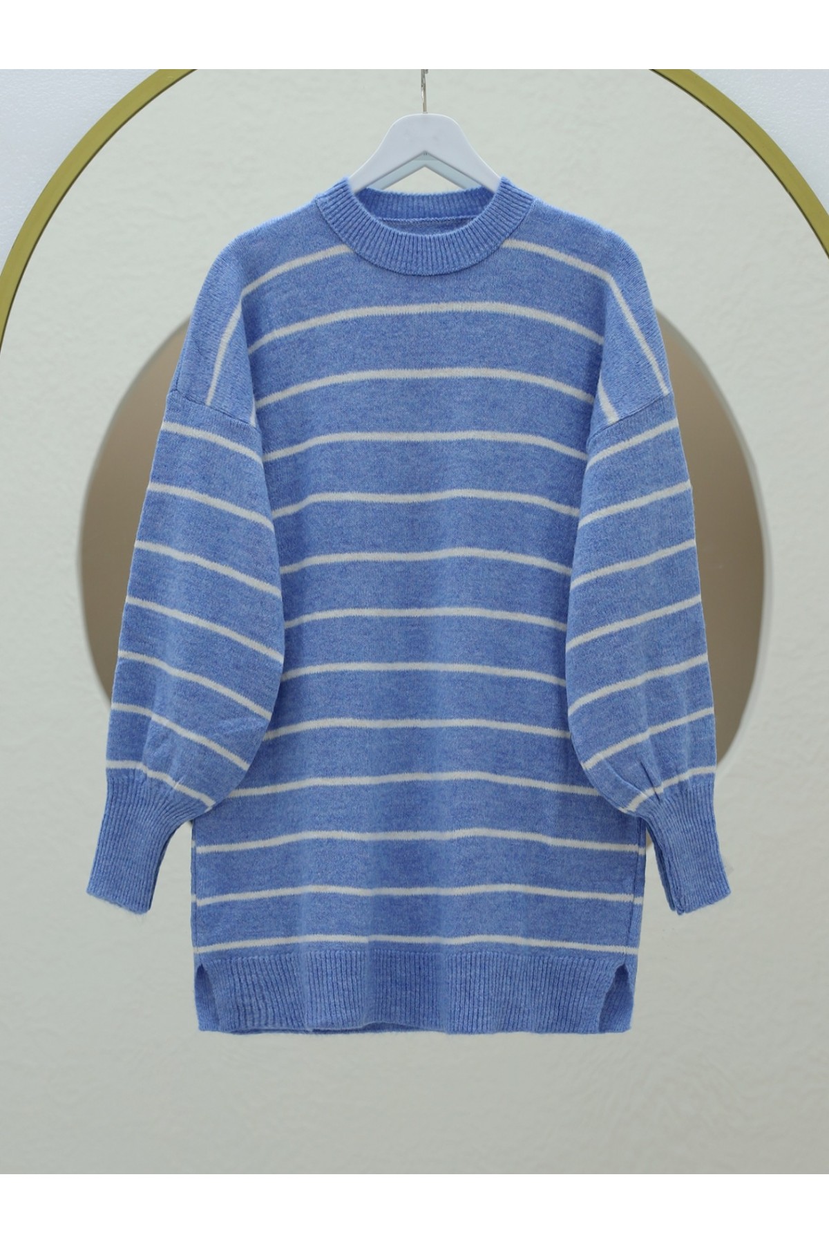 Thin Striped Slit Knit Tunic -Blue
