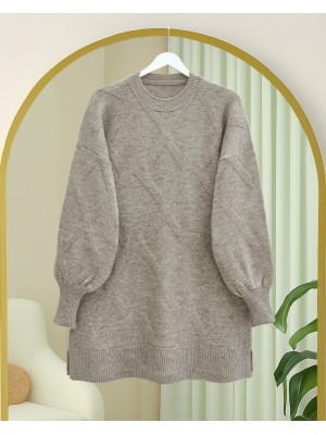 Baklava Desenli Yumoş Triko Tunik -Toprak