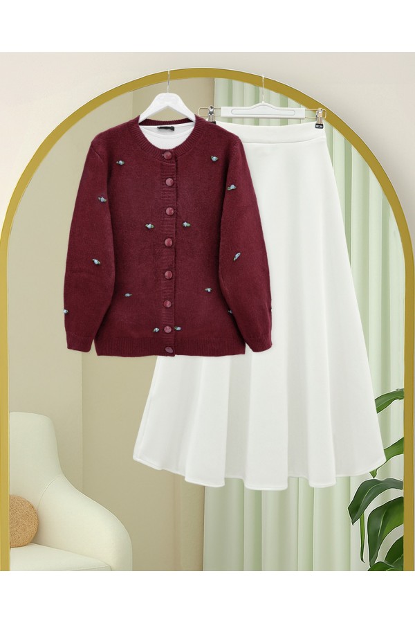 Soft Cardigan with Buttoned Flower Details -Maroon