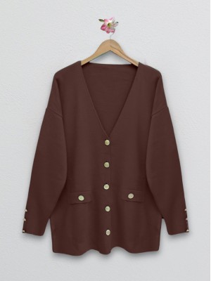 Metal Düğmeli Cep Detaylı Hırka -Kahve