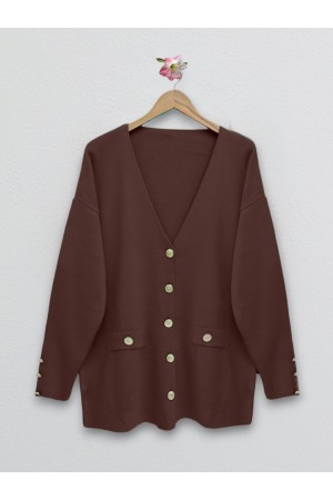 Metal Düğmeli Cep Detaylı Hırka -Kahve