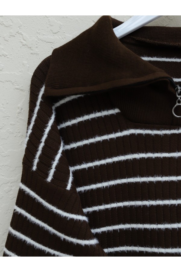 Half Neck Ribbed Zippered Knitwear Set -Brown
