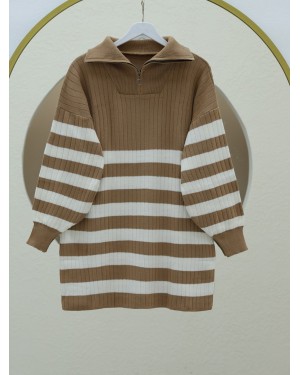 Ribbed Half Neck Zippered Knit Tunic -Mink color