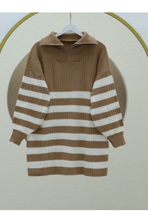 Fitilli Yarım Boğazlı Fermuarlı Triko Tunik -Vizon