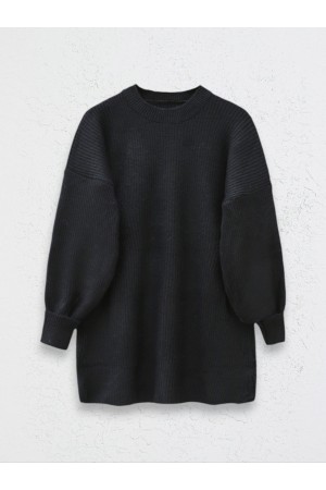  Yuvarlak Yaka Salaş Triko Tunik -Siyah