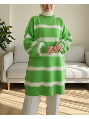 Çizgili Yarım Boğazlı Balon Kol Triko Tunik  -F.Yeşili