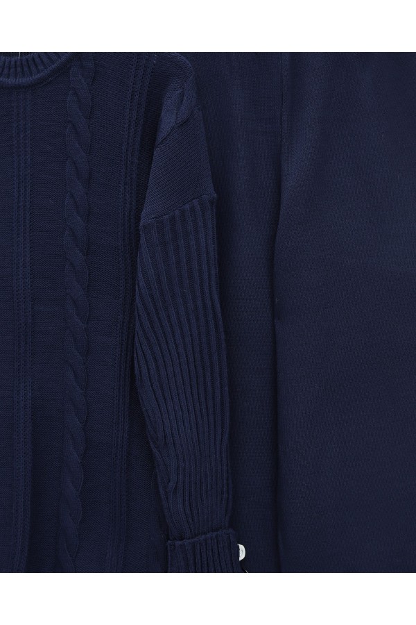 Hair Knitting Pattern Sleeve Button Detailed Knitwear Suit -Navy blue