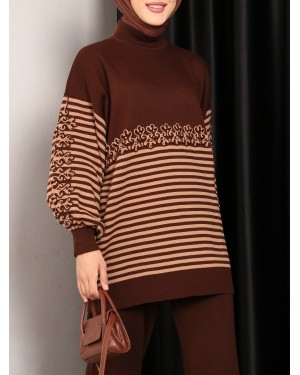 Süzene Nakışlı Çizgili Triko Tunik -Kahve