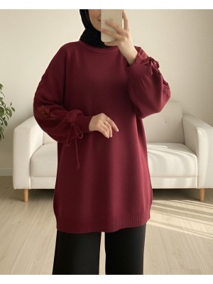 Yuvarlak Yaka Kolu Örgü Detaylı Triko Kazak -Bordo