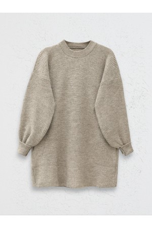  Yuvarlak Yaka Salaş Triko Tunik -Açık Kahve