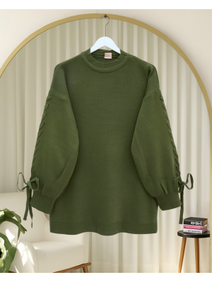 Yuvarlak Yaka Kolu Örgü Detaylı Triko Kazak -Haki