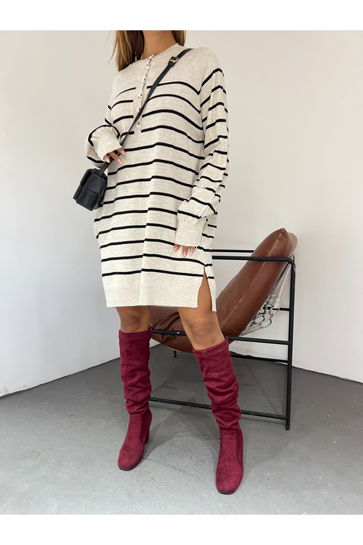 Half Button Slit Knitwear Tunic -Stone