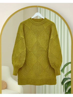 Yuvarlak Yaka Baklava Desen Yırtmaçlı Triko Kazak -Yağ Yeşili