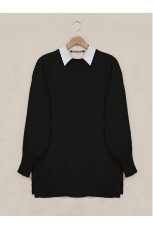 Round Neck Balloon Sleeve Casual Knitted Sweater -Black