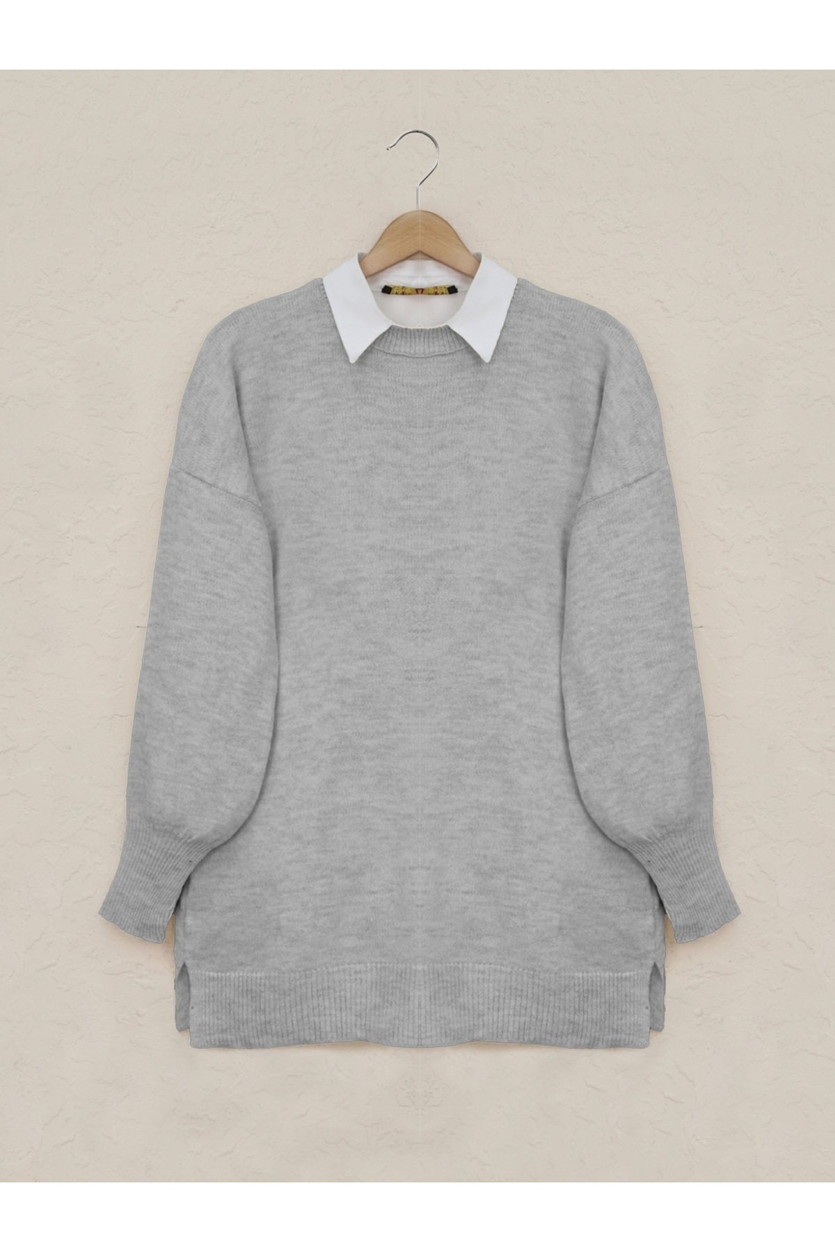 Round Neck Balloon Sleeve Casual Knitted Sweater - Light grey