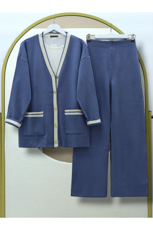 Metal Düğmeli Cepli Triko Hırkalı İkili Takım -İndigo