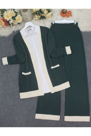 Çift Cepli Fitilli Triko Takım -Zümrüt