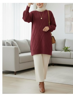 Baklava Desenli Yumoş Triko Tunik -Bordo