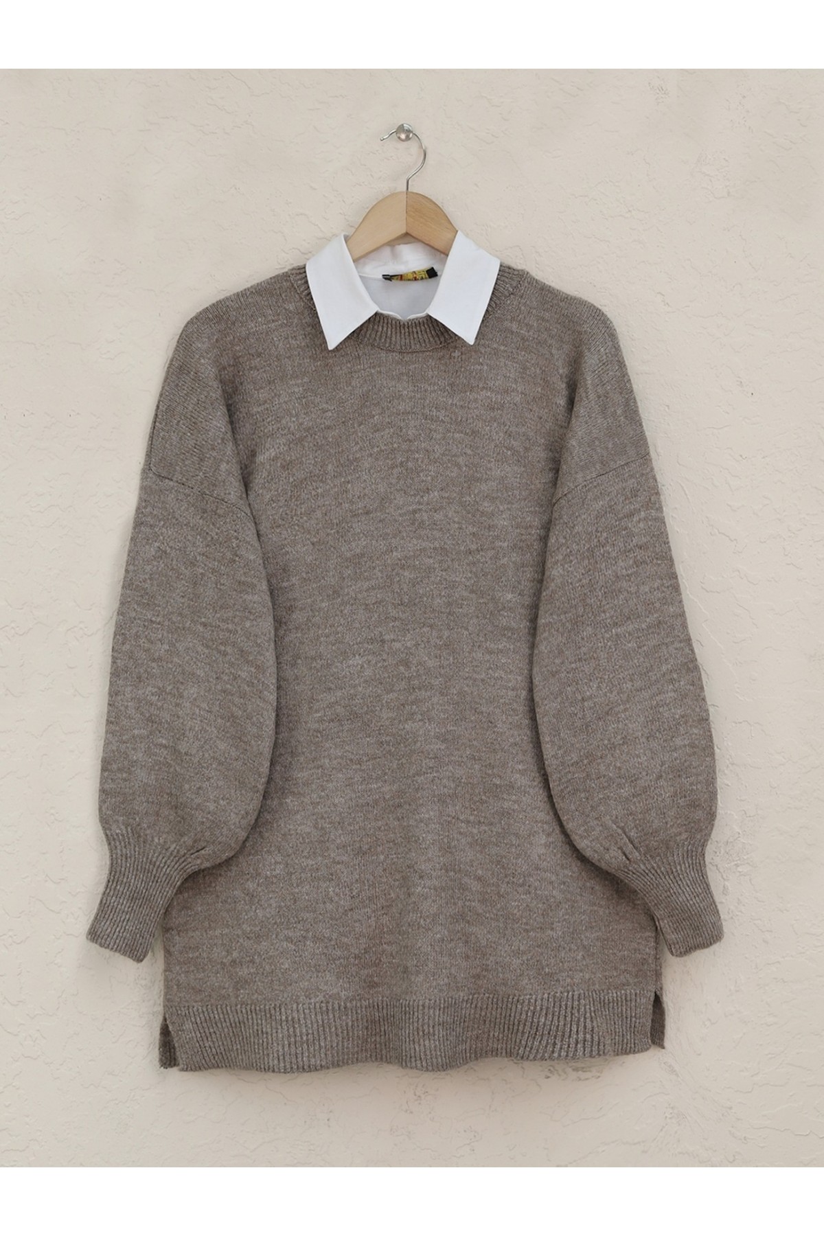 Round Neck Balloon Sleeve Casual Knitted Sweater -Brown