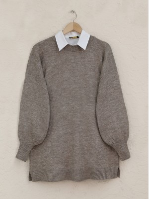 Round Neck Balloon Sleeve Casual Knitted Sweater -Brown