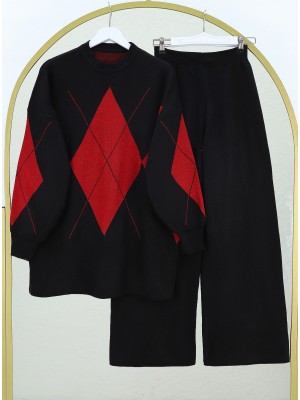 Diamond Pattern Round Neck Knitwear Set -Black